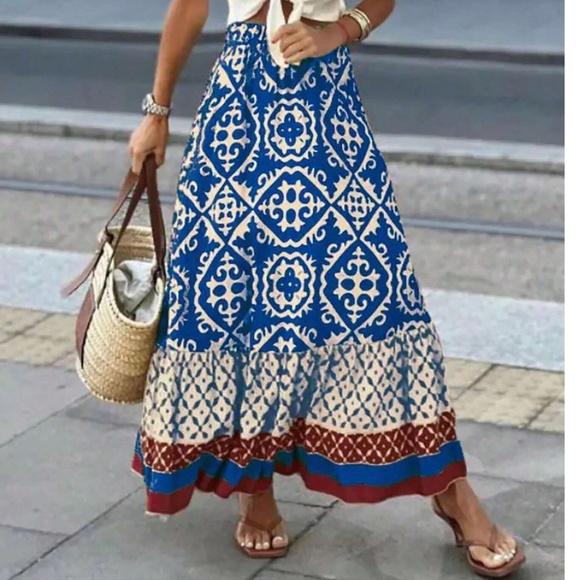 Boho Color Block Print Stretchy Waist Ruffle Hem Skirt - Picture 2 of 14